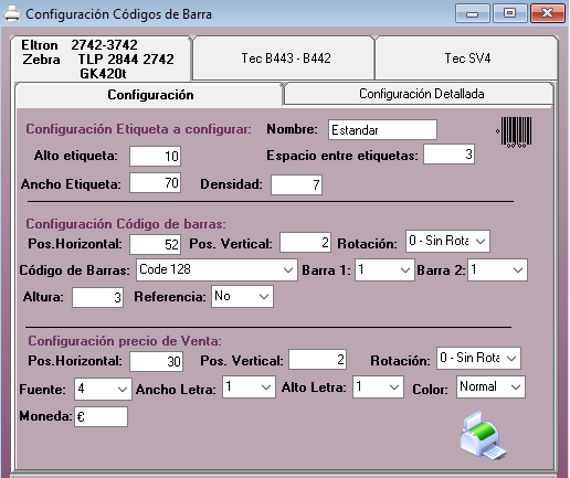 Configuración de impresora de Joyería
