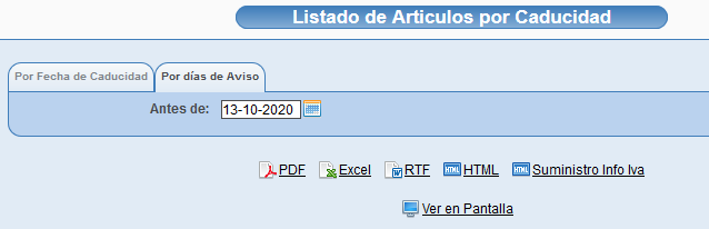 Listado de caducidades en Solincloud por días de aviso