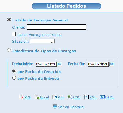 Listado de encargos en Opticloud