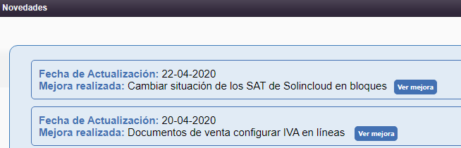 Listado de novedades Solincloud y Vestanube 2