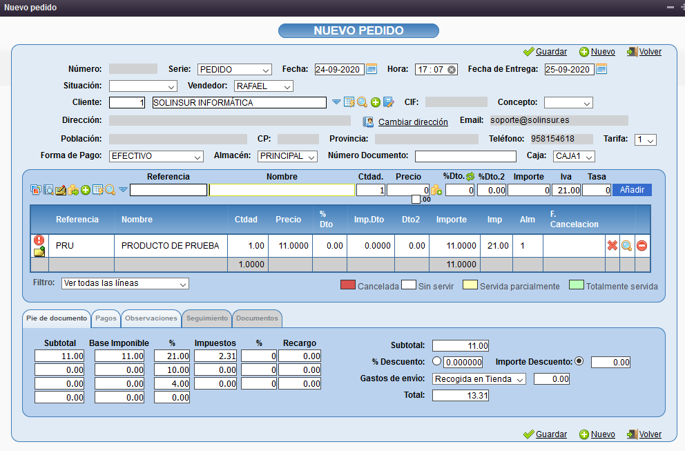 Ventana de nuevo pedido en Solincloud