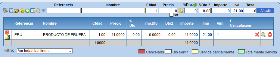 Líneas del pedido en Solincloud