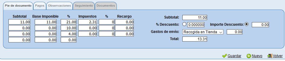 Pie del pedido en solincloud y vestanube