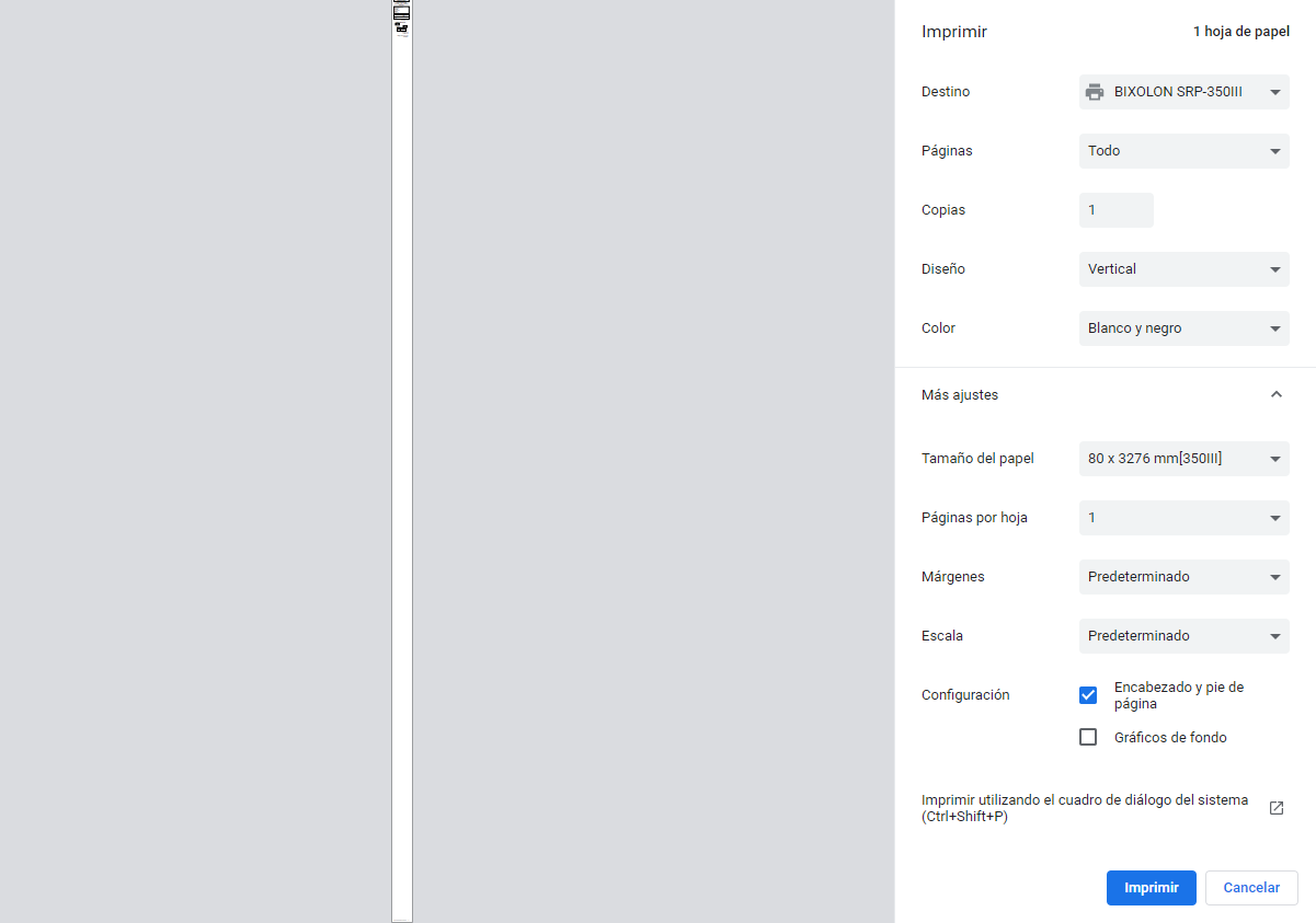 Pantalla imprimir ticket desde Google Chrome