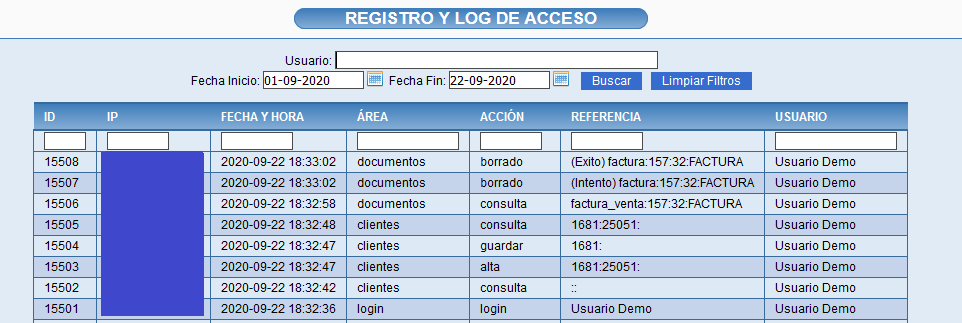 Registro y log de acceso Solincloud Vestanube