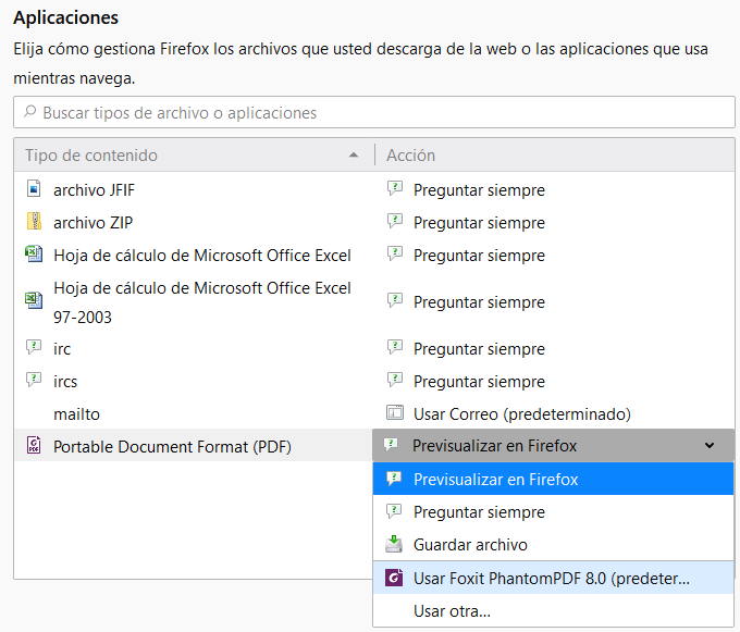 Recuadro aplicaciones en firefox