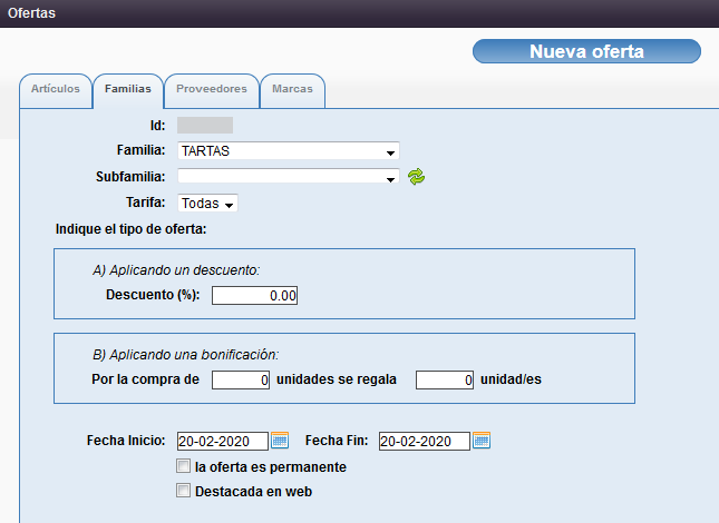 Mantenimiento Ofertas Familias