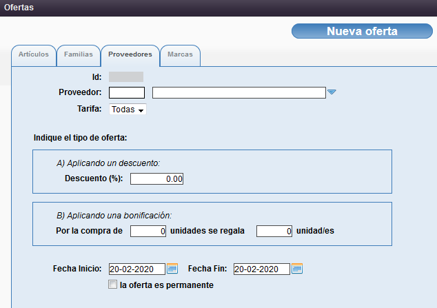 Mantenimiento Ofertas Proveedor