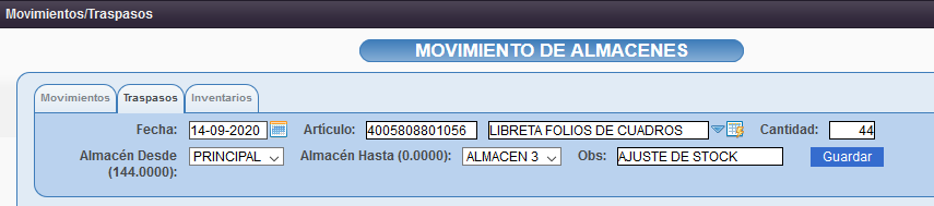 Traspaso entrre almacenes en Solincloud