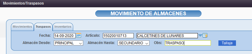Traspaso de stock entre almacenes de Vestanube