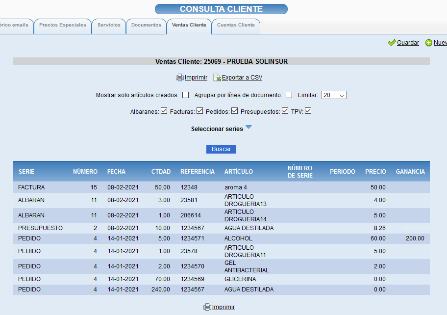 Pestaña Ventas cliente en ficha de cliente de Solincloud