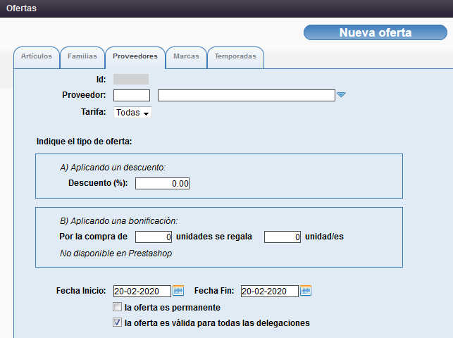 Mantenimiento Ofertas Proveedor